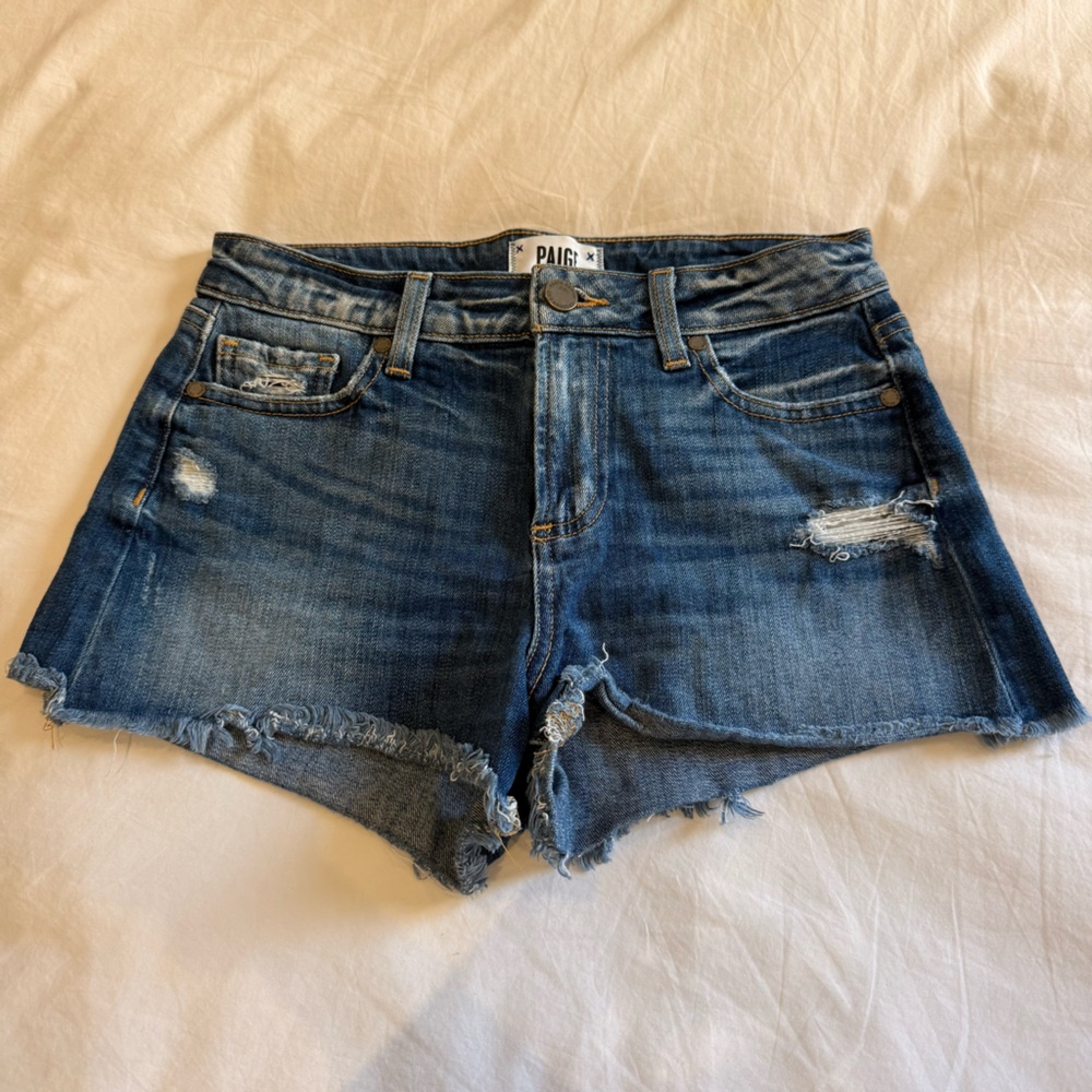 PAIGE Blue Distressed Jean Shorts